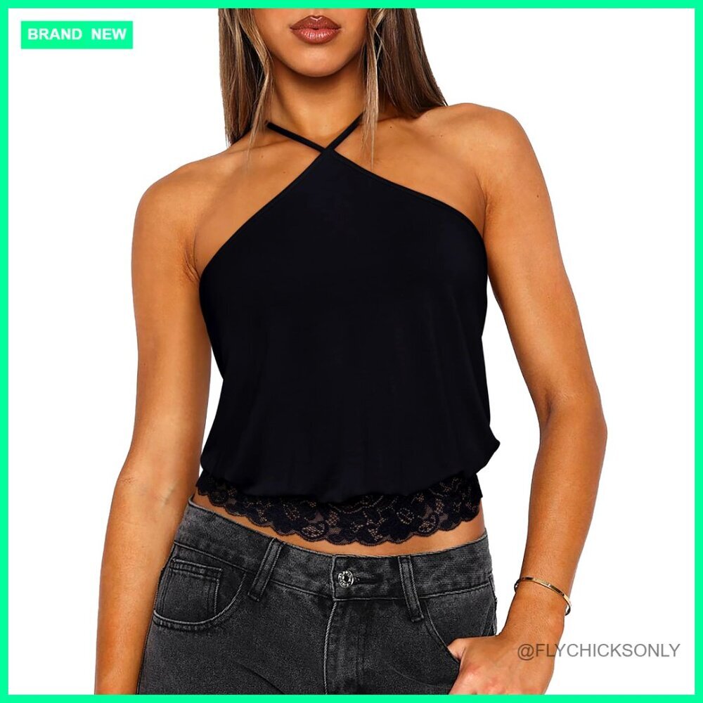 Sexy Halter Lace Double Lined Tank Top Y2K Backless Crop Top